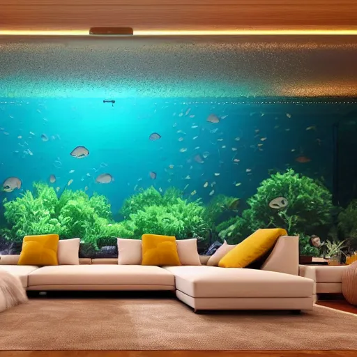 Image similar to wide angle photograph of a fancy living room half - filled with water, fish swimming under and around furnature