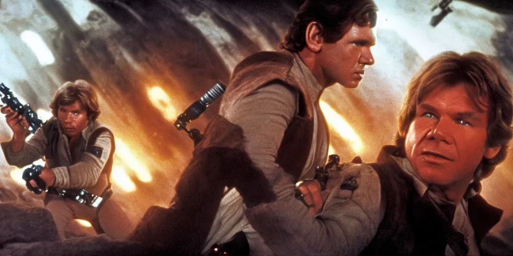 Prompt: han solo and luke skywalker team up return of the jedi harrison ford and mark hamill 1 9 8 3, motion blur runs through massive battlefront, mcu style, explosions, fire, real life, spotted, ultra realistic, 4 k, movie still, uhd, sharp, detailed, cinematic, render, modern