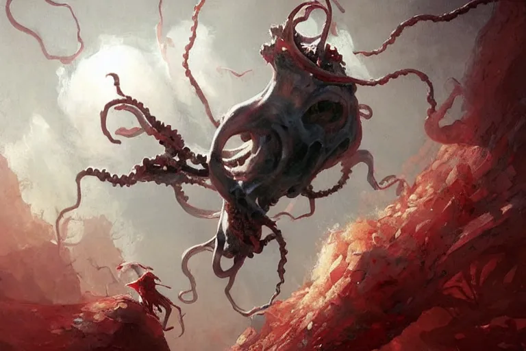 Image similar to painting by greg rutkowski of a flying chalk white human face!!!, with tentacles coming of the neck, red eyes, flying in a terrying hell like cavernous place