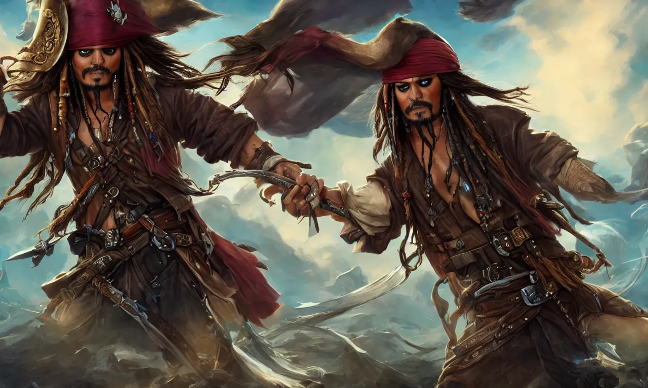 Image similar to jack sparrow as a league of legends character, champion splash art, mixed media, digital art, trending on artstation, 8k, epic composition, highly detailed, AAA graphics