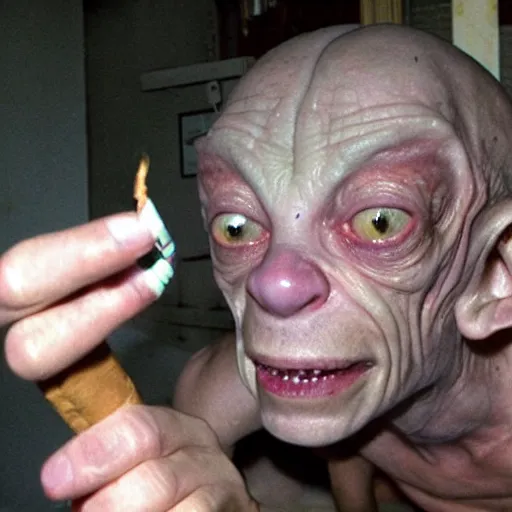 Image similar to gollum with cigarette selfie