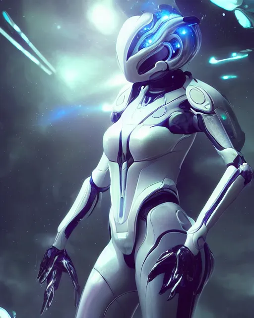 Image similar to perfect android girl on a mothership, warframe armor, beautiful face, scifi, futuristic, galaxy, nebula, raytracing, dreamy, long white hair, blue cyborg eyes, sharp focus, cinematic lighting, highly detailed, artstation, divine, by gauthier leblanc, kazuya takahashi, huifeng huang