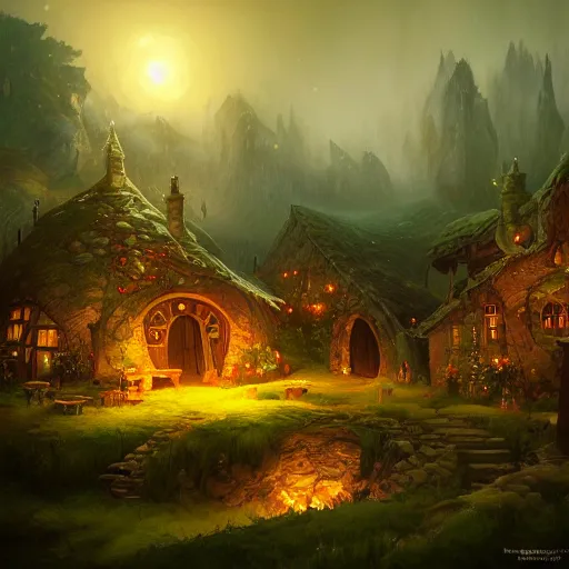 Image similar to night scene of a hobbit village, by peter mohrbacher and dan mumford and nekro, cgsociety, volumetric light, 3 d render