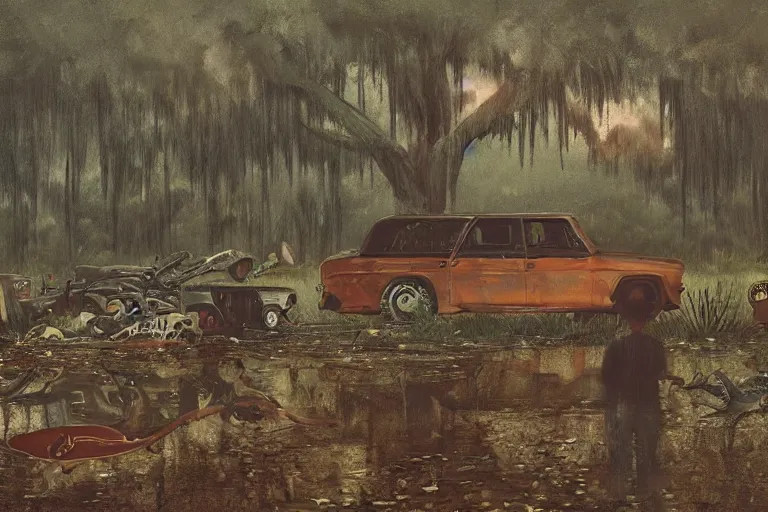 Image similar to scene from louisiana swamps, voodoo cult, old protestant church with neon satanic pentagram, junkyard by the road, boy scout troop, voodoo artwork by tim eitel