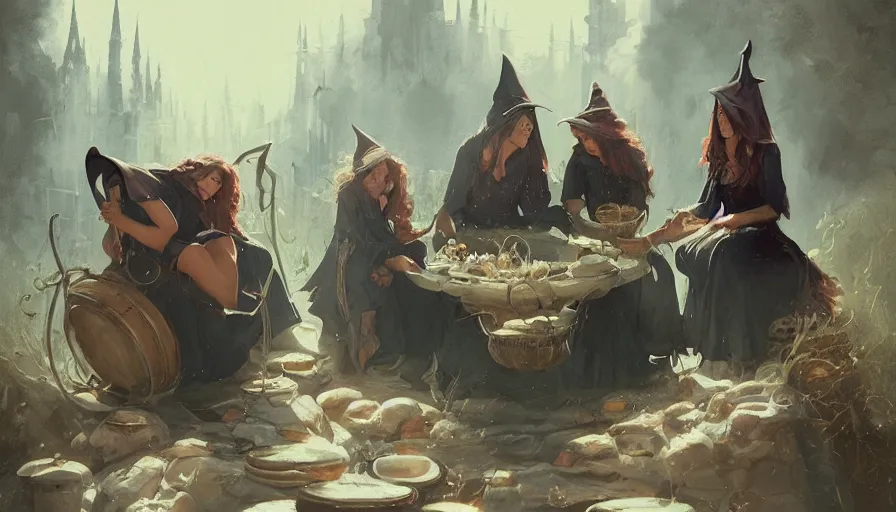 Prompt: A beautiful painting of witches brewing with a cauldron by greg rutkowski and Kalin Popov, trending on artstation