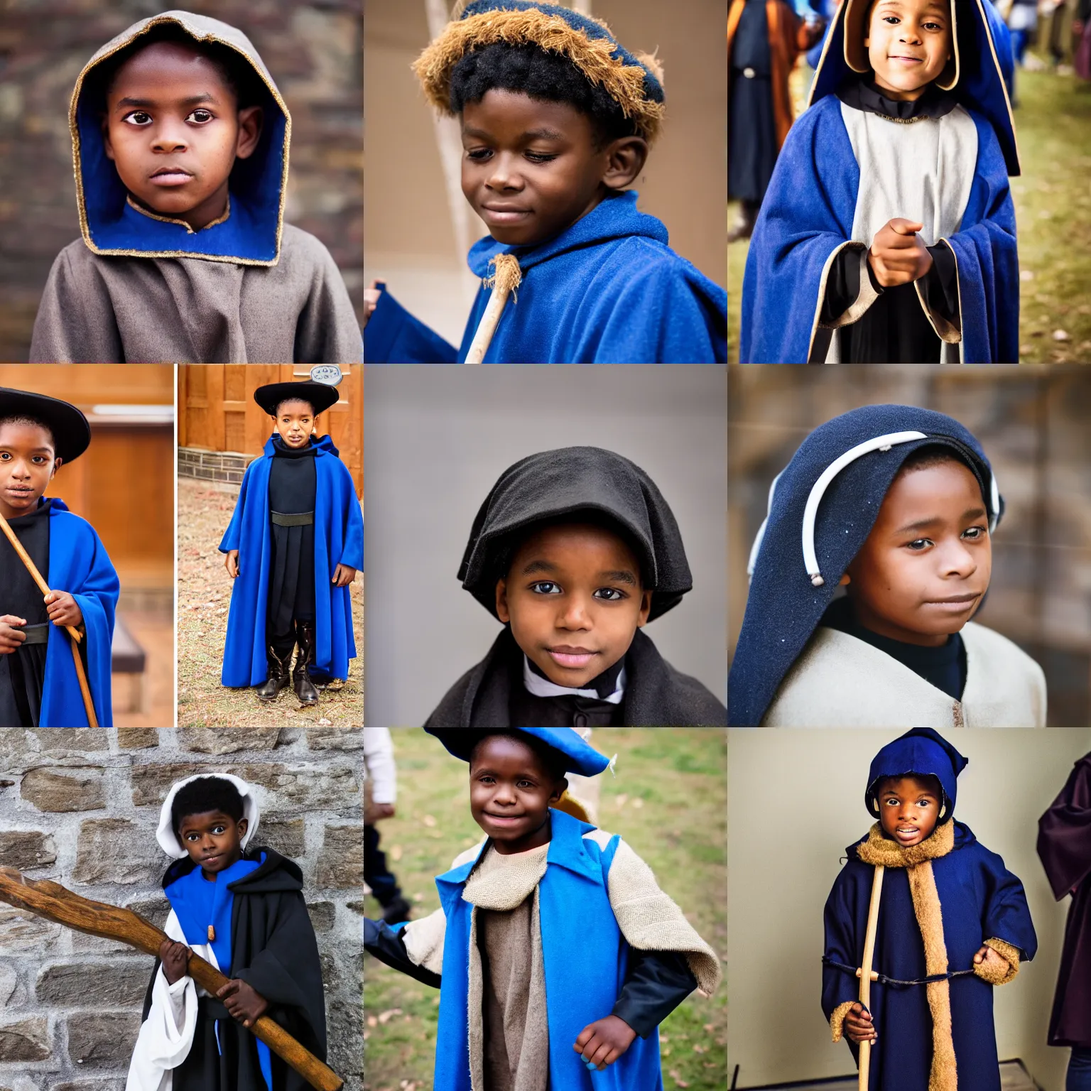 Prompt: black boy dressed as shepherd for a church nativity play, blue cloak, shepherd's crook, candid photo, indoors, mm, iso, trending