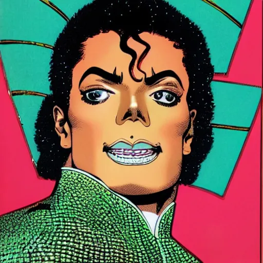 Image similar to dynamic macro head portrait of beautifu michael jackson super hero in white sequined jacket by john romita sr and cory walker and ryan ottley and jack kirby and barry windsor - smith, comic, illustration, photo real