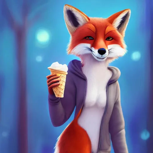 Image similar to furry art of female fox walking down the street holding an icecream cone, digital art, artstation, 4K, detailed, detailed fur, wearing grey hoodie, zootopia, detailed face, anthromorphic,