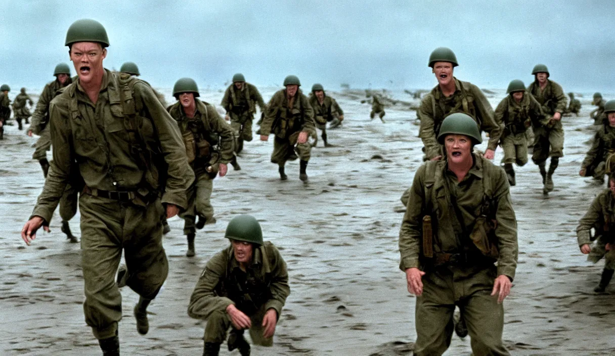 Image similar to Hollywood image of Matthew Lillard as shaggy from scooby doo, storming the beaches of Normandy, with soldiers by his side, saving private Ryan, 70mm film, HD, high detail, photorealistic, epic shot, Hollywood cinematic, Christopher Nolan