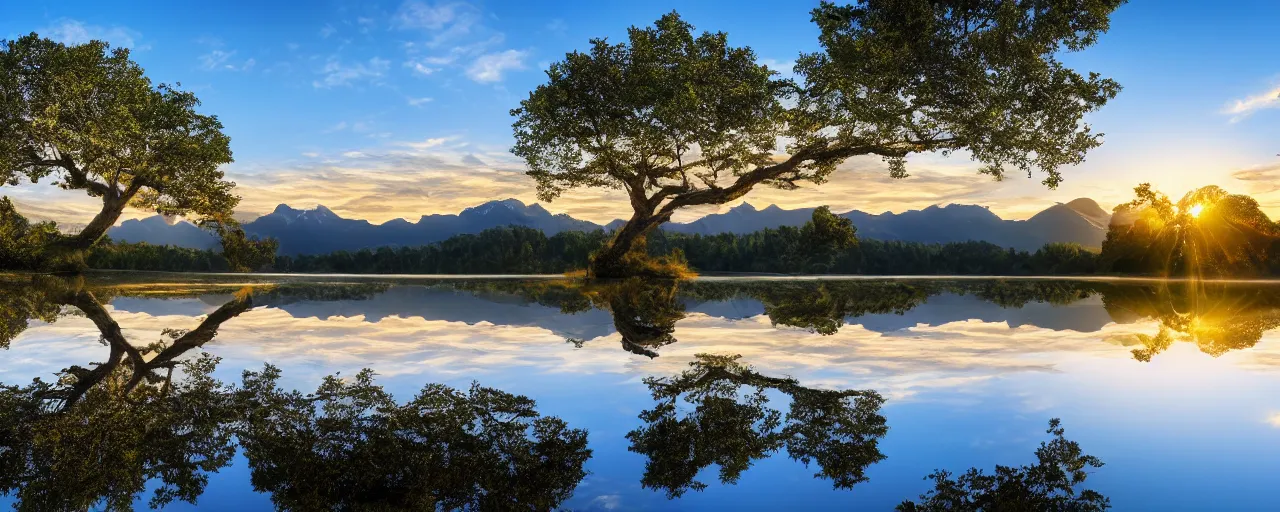 Prompt: big realistic tree near to a river on sunset with reflection on the leaves and mountains in the background, landscape, extremely high fidelity, 8 k, super resolution