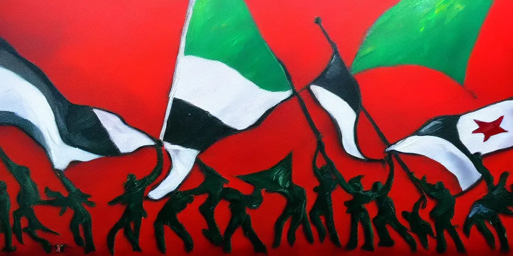 Image similar to dramatic oil painting of freedom for palestine, red green white black