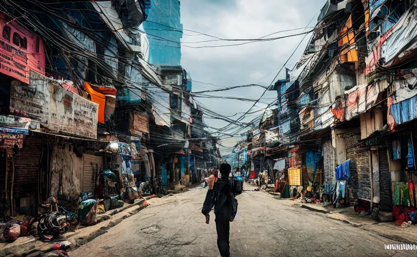 Image similar to Cyberpunk Kathmandu, XF IQ4, 150MP, 50mm, f/1.4, ISO 200, 1/160s, natural light, Adobe Photoshop, Adobe Lightroom, DxO Photolab, Corel PaintShop Pro, rule of thirds, symmetrical balance, depth layering, polarizing filter, Sense of Depth, AI enhanced, award winning photography