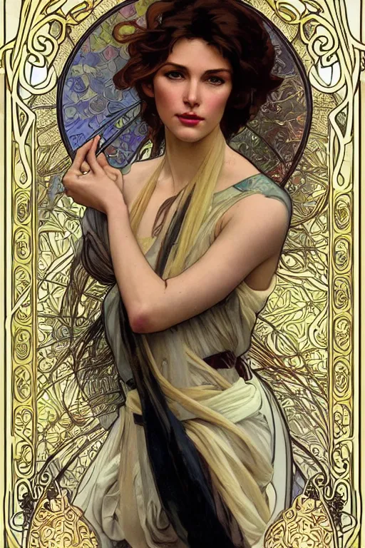 Image similar to realistic detailed face portrait of Pierce Brosnan in the style of Alphonse Mucha and Charlie Bowater, Art Nouveau ornaments, vivid colors