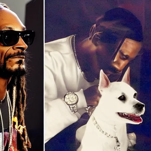 Image similar to snoop dogg looking at his reflection in the mirror but he sees a dog looking back