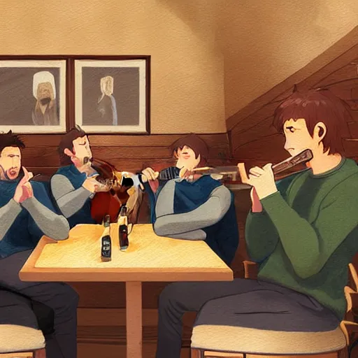 Image similar to five irishmen in aran sweaters singing in a pub, one is playing an acoustic guitar, highly detailed, digital painting, concept art, sharp focus, by makoto shinkai