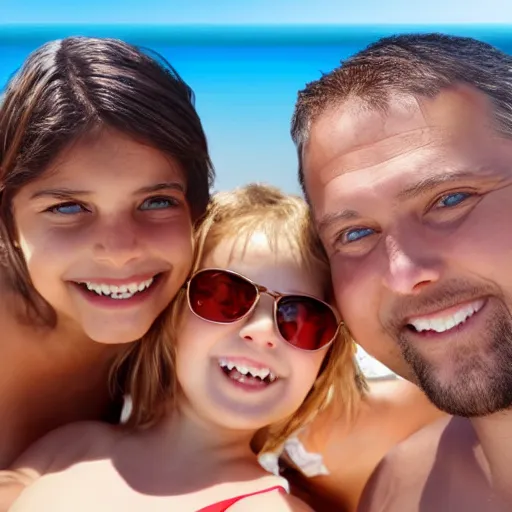 Prompt: happy family poses portrait on beach, realistic faces, realistic shaded perfect face, extremely fine details, realistic shaded lighting, 8 k ultra realistic