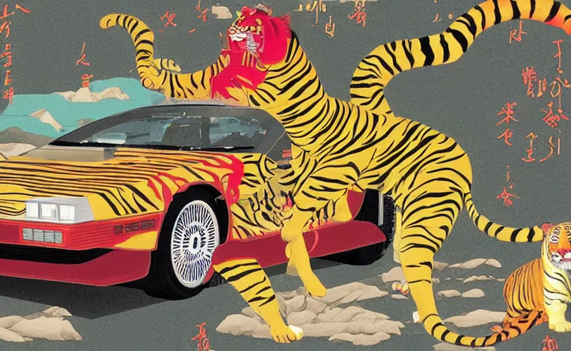 Image similar to a red delorean and yellow tiger, art by hsiao - ron cheng & utagawa kunisada in magazine collage style,