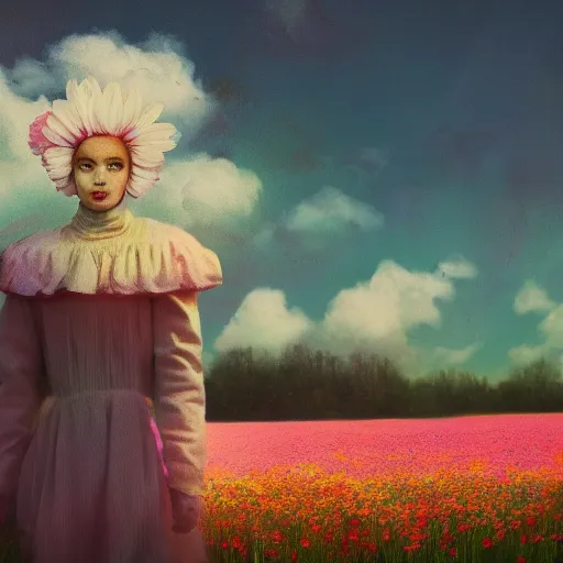 Image similar to daisy flower as a face, girl walking in flower field, holding daisy, surreal photography, sunrise, impressionist painting, colorful clouds, digital painting, artstation, simon stalenhag, flower face