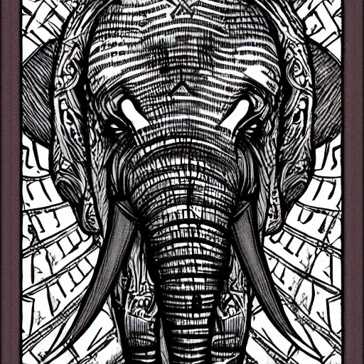 Image similar to anthropomorphic humanoid elephant knight, tarot card style, fantasy illustration