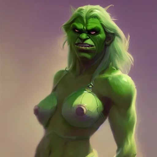 Image similar to character portrait of a green orc female, light green tone beautiful face by greg rutkowski, trending on artstation