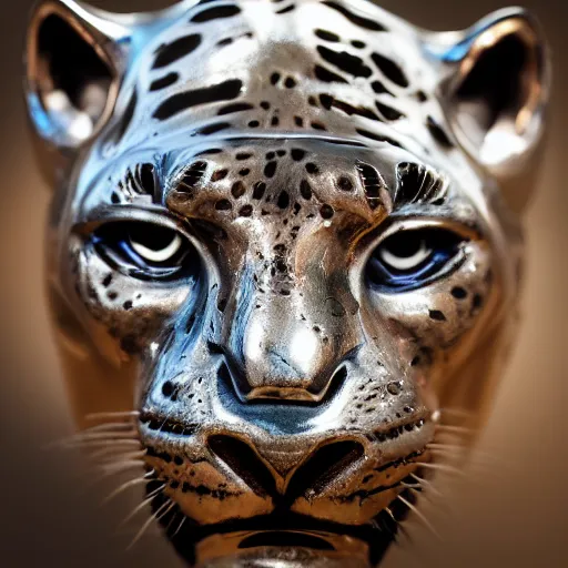 Image similar to portrait photography of a silver jaguar sculpture with glowing purple eyes