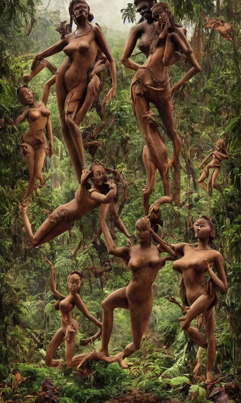Prompt: Kajuraho sculptures become real beautiful human realistic bodies practising kamasutra in the jungle , real human skin textures, photo real, by Simon Stålenhag, by Stanley Artgerm Lau, Greg Rutkowski, Thomas Kinkade ,Alphonse Mucha, Loish, Norman Rockwell ,trending on artstation , rule of thirds, Highly detailed, anatomically correct, dramatic lighting,