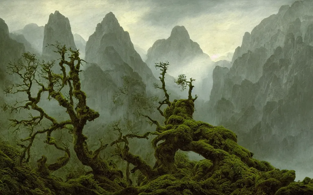 Prompt: valley of berchtesgaden, a gnarly old oak in a shroud of mist and ruins, covered by moss, by caspar david friedrich
