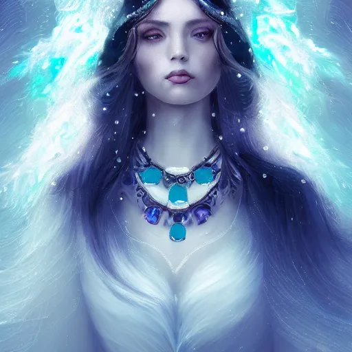Prompt: masterpiece portrait of an aesthetic beautiful mage woman, ice spell, 3 0 years old woman, soft thin face, light eyes, black dynamic hair, wearing silver diadem with blue gems inlays, silver necklace, digital painting by wlop, atmospheric effects, chaotic blue sparks dynamics background, intricate, artstation, fantasy