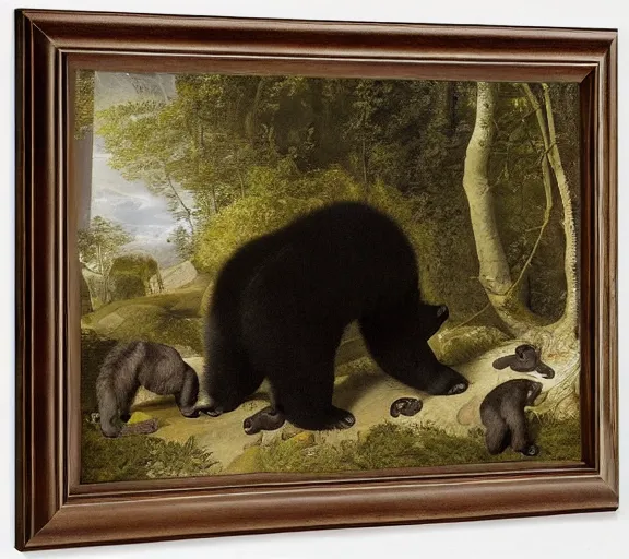 Image similar to viewer looking into dark cave and seeing a mother bear and her cubs sleeping, night time, artwork by Pieter Claesz, impressionism