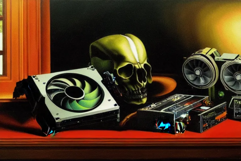 Image similar to a vanitas painting depicting an NVIDIA RTX A100 GPU, graphics card