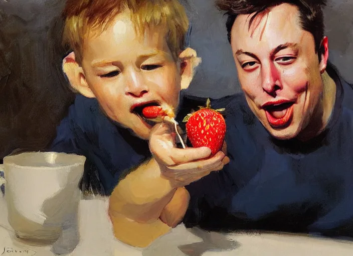 Image similar to a highly detailed beautiful portrait of elon musk eating strawberry by gregory manchess, james gurney, james jean