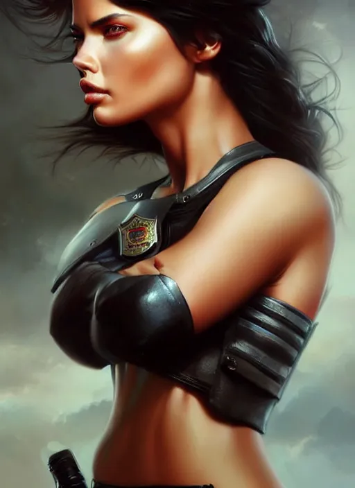 Prompt: a beautiful woman with police uniform, adriana lima, painted by artgerm and tom bagshaw, fantasy art, dramatic lighting, highly detailed oil painting