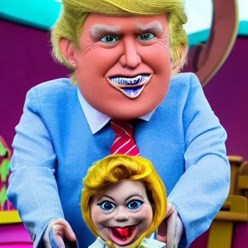 Prompt: a six year old child puppet in the its a small world ride in real life that looks exactly like donald trump, highly detailed, high definition, ultra realistic