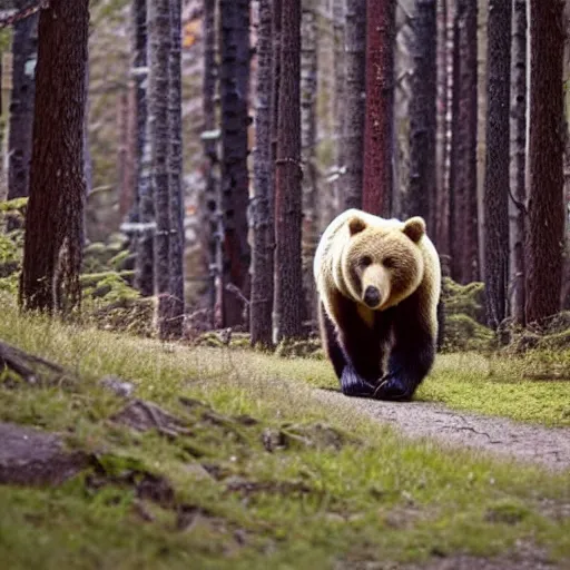 Image similar to a bear walking in the forrest. the bear is enormous