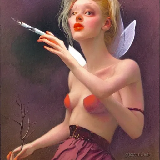 Image similar to fairy finds a cigarette, by gerald brom