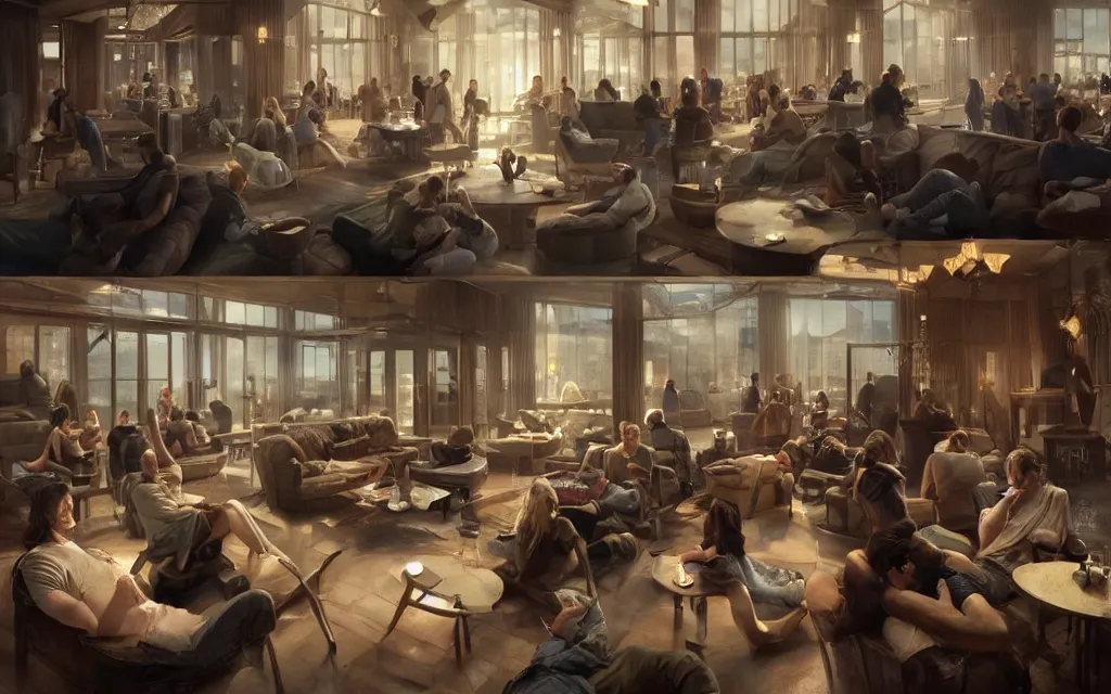 Image similar to epic masterpiece of cinematographic hyperrealism where a lot of people communicating with each other in a large lounge. realistic shaded lighting poster by craig mallismo, artgerm, jeremy lipkin and michael garmash, unreal engine, radiant light, detailed and intricate environment, digital art, art station trends