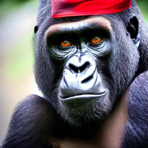 Prompt: photo of a gorilla wearing a red bandana