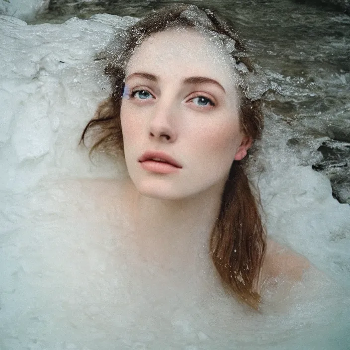 Image similar to Kodak Portra 400, 8K,ARTSTATION, CarolineGariba, soft light, volumetric lighting, highly detailed, britt marling style 3/4 ,portrait photo Close-up portrait photography of a beautiful woman how pre-Raphaelites, the face emerges from Pamukkale, thermal waters flowing down white travertine terraces, inspired by Ophelia paint ,and hair are intricate with highly detailed realistic beautiful flowers , Realistic, Refined, Highly Detailed, interstellar outdoor soft pastel lighting colors scheme, outdoor fine art photography, Hyper realistic, photo realistic