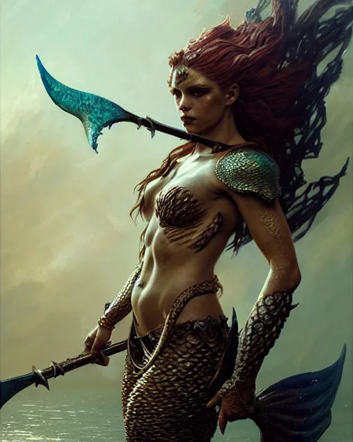 Image similar to a fierce mermaid warrior, fantasy character portrait, ultra realistic, concept art, intricate details, highly detailed by greg rutkowski, gaston bussiere, craig mullins, simon bisley