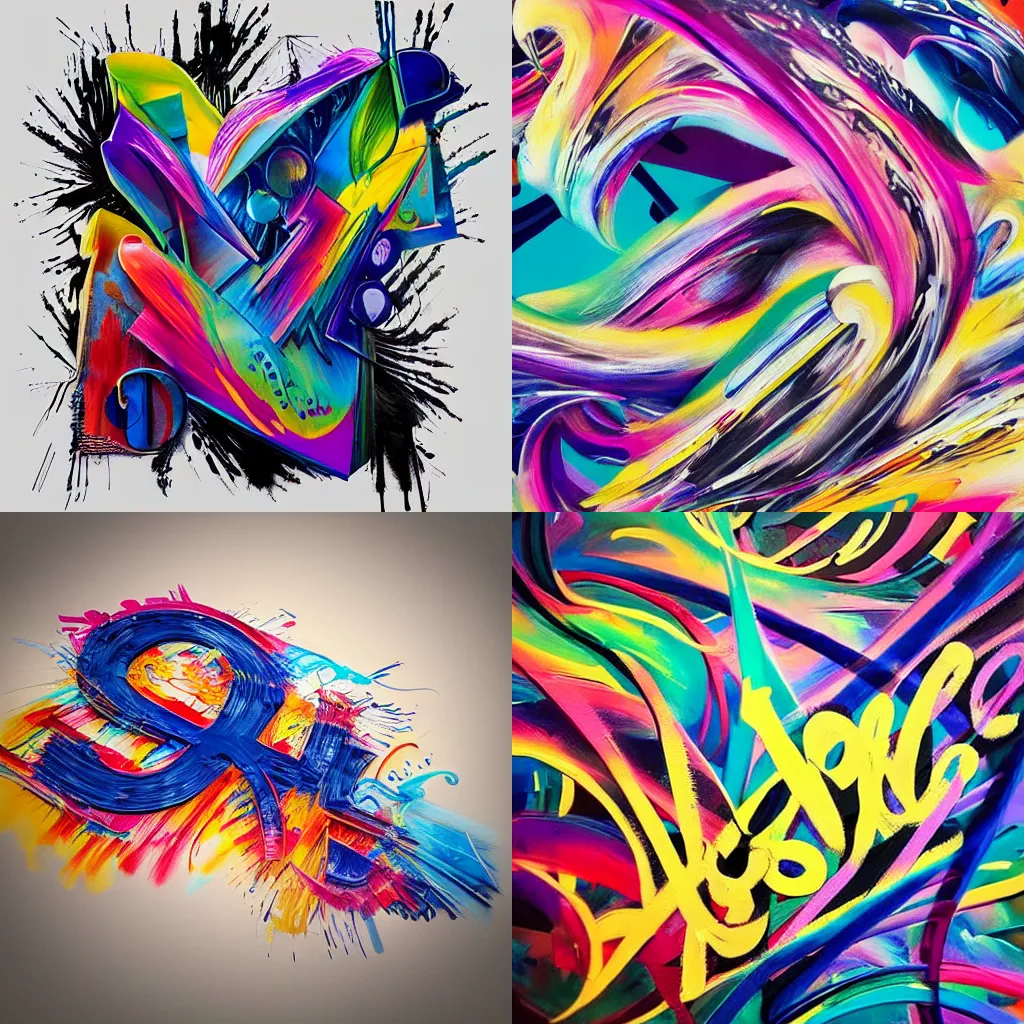 Prompt: “modern calligraphy art, caligrafiturism style, multi-layered artworks, abstract, oil paint, nitro paint, spray paint, Acrylic paint, high quality, Behance, 3D render, technology”