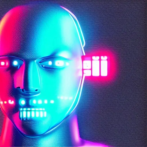 Prompt: hyperdetailed portrait of a cyberpunk futurism robot head, 8 k, glowing wires and tubes, symetrical, flourescent colors, halluzinogenic, realistic, black background