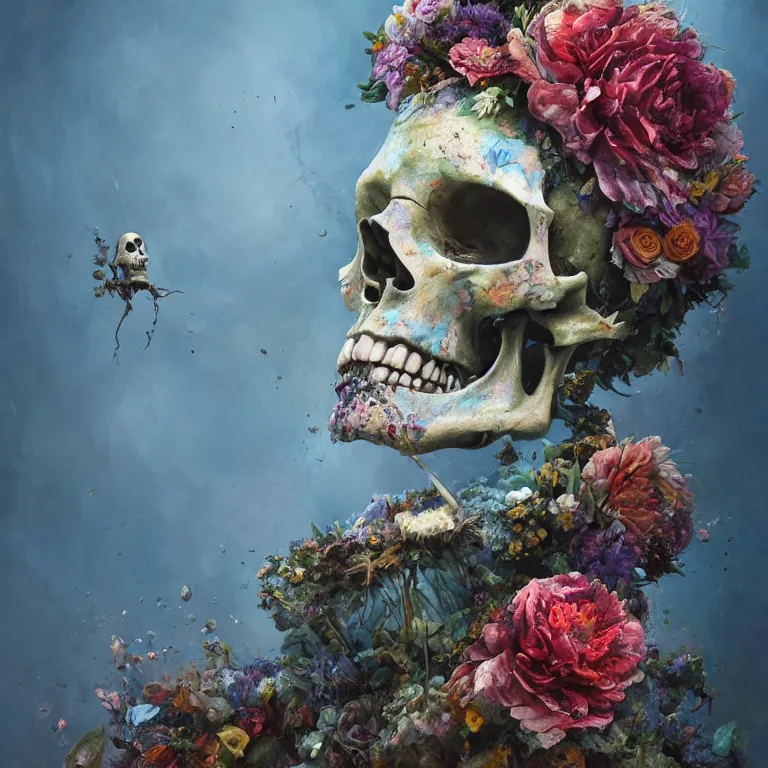 Image similar to A beautiful oil painting hyperrealism of a decayed head, rotting clay skin, skull bones, flowers, floral headdress, 8k resolution, octane render, Trending on artstation, by Gediminas Pranckevicius, volumetric light 2blue fractal Thunder glow by dan mumford, anaglyph effect, Laurie Lipton