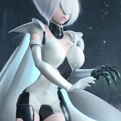 Image similar to This android personal bodyguard is a true beauty, with a design that resembles both Gardevoir from Pokémon and 2B from Nier Automata. Her utopian vibes and photorealistic character are truly something to behold, and her outrunner aesthetic is truly trendsetting. This 8k UHD image is a hyper realistic render with intricate details that will leave you breathless.