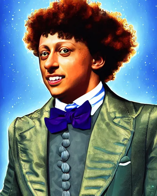 Image similar to Patrick Mahomes as Willy Wonka, digital illustration portrait design, detailed, gorgeous lighting, dynamic portrait