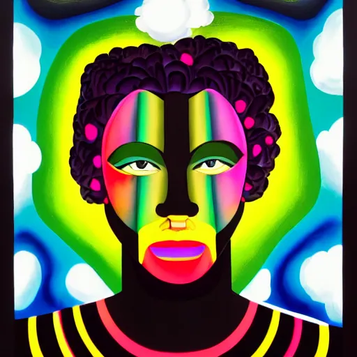 Image similar to a black man with yellow eyes and a dark rainbow background, gouache painting by tomokazu matsuyama, by ed paschke, by agnes pelton, by patrick nagel, behance contest winner, generative art, irridescent, holography, neon, dark art, retrowave, grain, black background