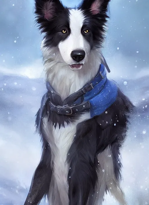 Image similar to beautiful portrait of a cute male anthropomorphic border collie fursona wearing a blue cowboy outfit in a tundra. character design by charlie bowater, henry asencio, and ross tran. scenic background, detailed, glamor pose, aesthetic, trending on artstation, top rated on furaffinity and deviantart
