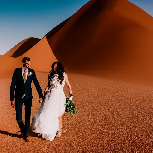 Image similar to bride and groom in the middle of the sahara desert, canon eos r 3, iso 2 0 0, 1 / 1 6 0 s, 8 k, raw, unedited, symmetrical balance, in - frame