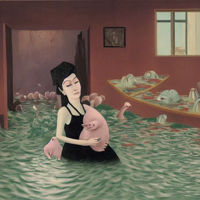 Image similar to tall female emo artist holding a pig in her flooded apartment, mushrooms, octopus, water gushing from ceiling, painting of flood waters inside an artist's apartment, a river flooding indoors, pomegranates, pigs, ikebana, zen, river, rapids, waterfall, black swans, canoe, berries, acrylic on canvas, surrealist, by magritte and monet