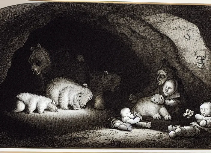 Image similar to Pieter Claesz's 'bear and her cubs sleeping in a dark cave lit by campfire', night time, cross hatching, framed