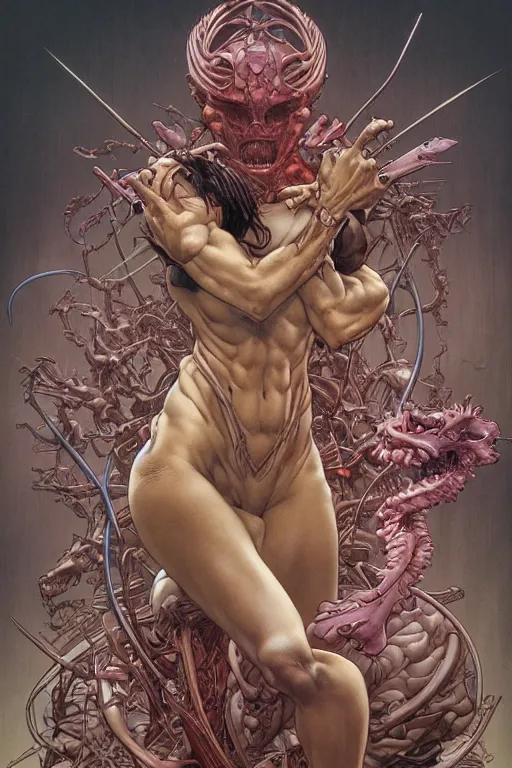 Image similar to rage, by artgerm and yoshitaka amano and moebius and hr giger and zdislaw beksinski and hajime sorayama and alphonse mucha